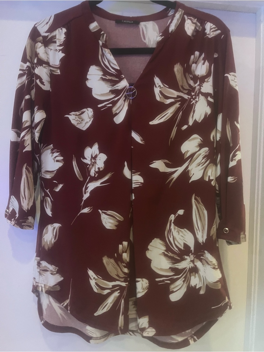 Valolia Burgundy Floral V-Neck Tunic with Cream Blooms